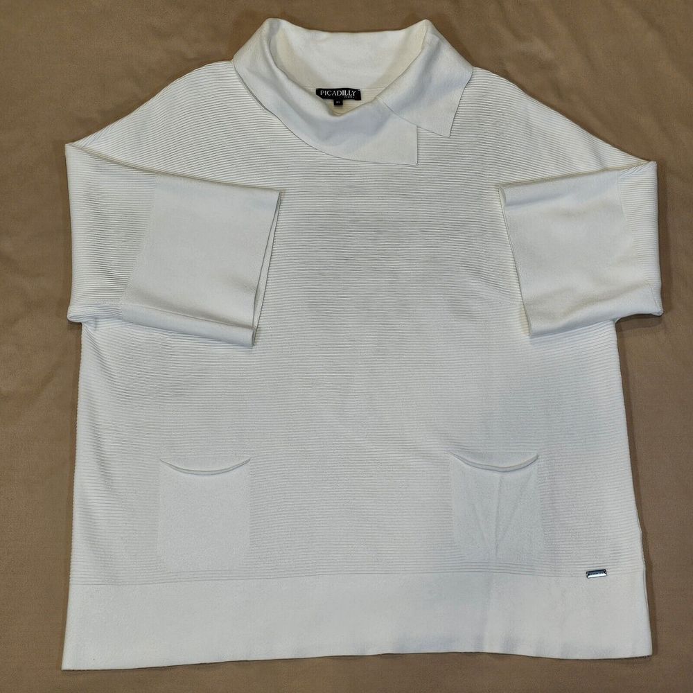 Picadilly Ribbed White Folded‎ Collar Pockets Womens Top Size XL